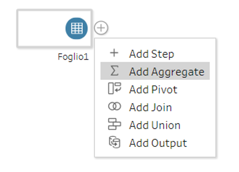 Seleziona lo step "Aggregate" dall'icona "+" a destra del file di input