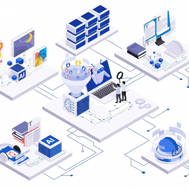 ai-content-creation-generated-art-music-creative-writing-flowchart-isometric-vector-illustration