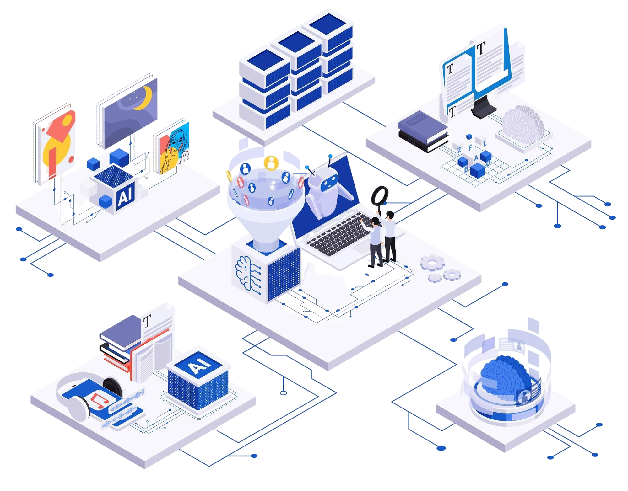 ai-content-creation-generated-art-music-creative-writing-flowchart-isometric-vector-illustration