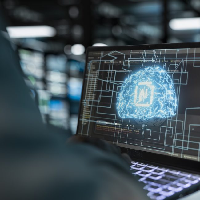 Close up of data center admin doing checkup using machine learning